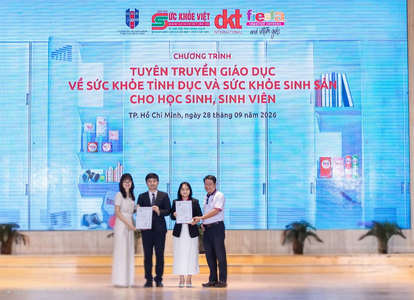 Trường Đại học Ngân hàng TP.HCM với chương trình truyền thông giáo dục Sức khỏe Tình dục và Sức khỏe Sinh sản “Chuyện khó nói to” TS.Nhà báo Chúc Kim Vinh- Tổng Biên tập Tạp chí Sức Khỏe Việt và Bà Nguyễn Thị Mỹ Ngọc- Giám đốc sản phẩm DKT Interanational Việt Nam nhận thư cảm ơn từ ban lãnh đạo nhà trường